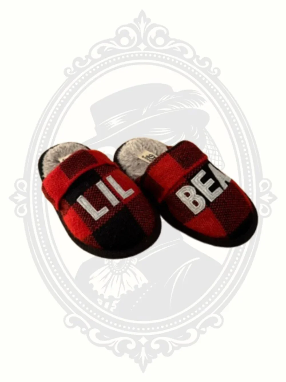 🐻Dearfoams Lil Bear Buffalo Plaid Plush House Slippers Kids US 11-12 Red Black